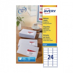 Avery QuickDRY Inkjet Label 64x34mm 24 per Sheet 24TV (Pack of 100) White J8159-100
