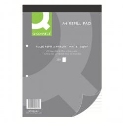 Q-Connect A4 200 Leaf Refill Pad Feint Ruled and Margin 2 Hole Punch Headbound (Pack of 5) KF02234